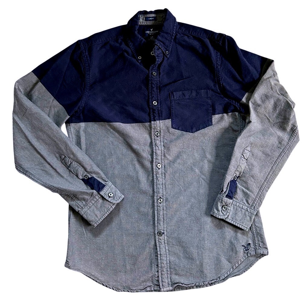 American Eagle Shirt Small Cotton Slim Fit Navy Grey Colorblock‎ Button Down